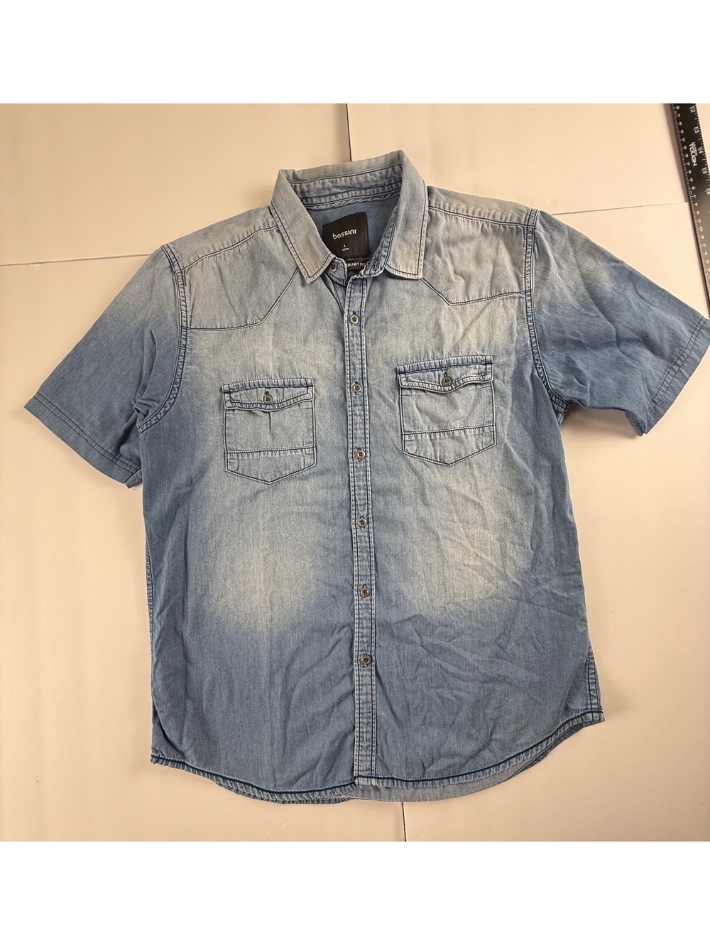 Bossini Men’s Large Chambray Denim Shirt Short Sleeve Western Ombre Blue